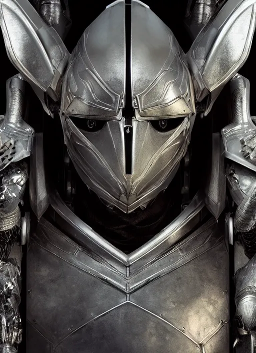 Image similar to close up front view portrait of a futuristic silver armored knight district 9 cyborg, modern fine art, fractal, intricate, elegant, highly detailed, digital photography, subsurface scattering, by jheronimus bosch and greg rutkowski,