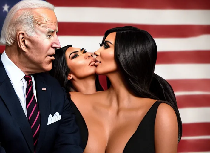 Image similar to film still of kim kardashian being kissed to sleep by joe biden, 8 k