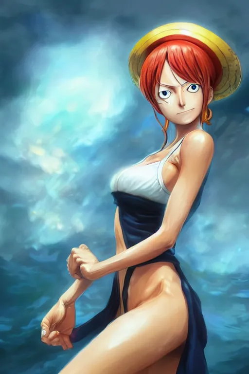 Image similar to Nami from One Piece, anatomy, only two hands, highly detailed, digital painting, artstation, concept art, smooth, sharp focus, illustration, Unreal Engine 5, 8K, art by art by artgerm and greg rutkowski and edgar maxence