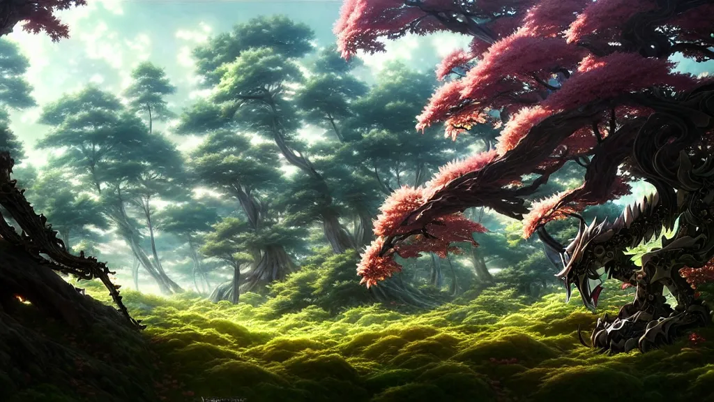 Image similar to anime forest landscape, intricate details, fantasy, elegant, highly detailed, digital painting, artstation, concept art, smooth, sharp focus, illustration, wide angle, artbook, splash art, promo art, soul calibur, league of legends, art by artgerm and greg rutkowski and bo chen and jin xiaodi