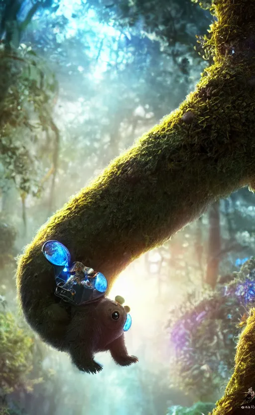 Image similar to microscopic tardigrade, treehouse, magical forest, water bear, futuristic, sharp focus, electric, backlight, furry, soft, concept art, intricate details, highly detailed, photorealistic, disney pixar, octane render, iridescent, global illumination, anime, 8 k