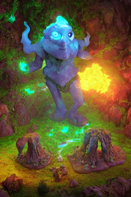 Image similar to arcane fantasy art giant golem elemental wood rock bastion forged gemstone enchanted forest troll, global illumination ray tracing hdr fanart arstation by sung choi and eric pfeiffer and gabriel garza and casper konefal lisa frank zbrush central hardmesh