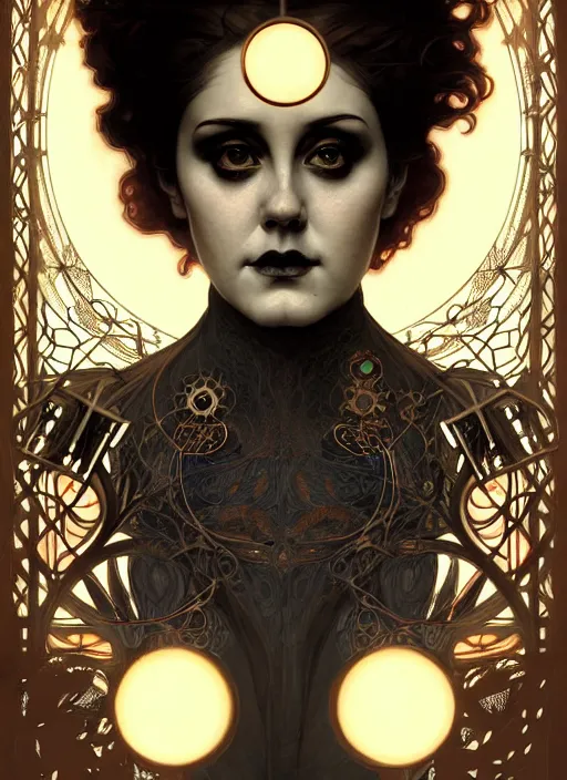 Image similar to portrait of the artis adele glowing eyes, volumetric lights, feast, music notes, art nouveau botanicals, gothic, intricate, highly detailed, digital painting, artstation, concept art, smooth, sharp focus, symmetric face, illustration, steampunk, art by artgerm and greg rutkowski and alphonse mucha