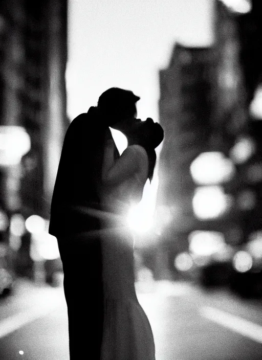 Image similar to a 2 8 mm macro photo of a couple kissing in the city in silhouette in the 1 9 7 0 s, bokeh, canon 5 0 mm, cinematic lighting, dramatic, film, photography, golden hour, depth of field, award - winning, 3 5 mm film grain, low angle