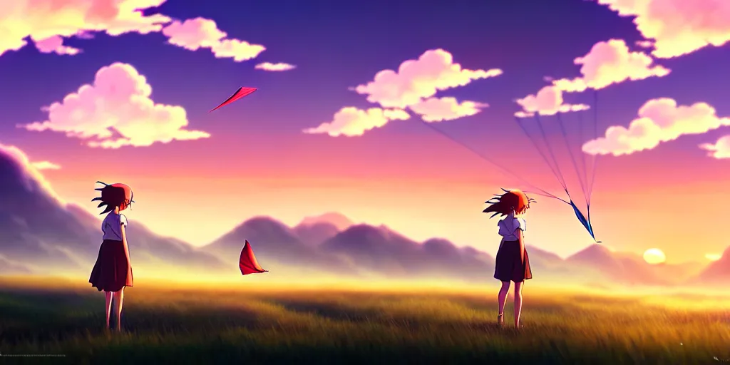 Image similar to the girl and the kites. beautiful sunrise. matte painting, anime, studio ghibli. intricate, elegant, super highly detailed, professional digital painting, artstation, concept art, smooth, Unreal Engine 5, Photorealism, HD quality, 8k resolution, cinema 4d, 3D, beautiful, cinematic