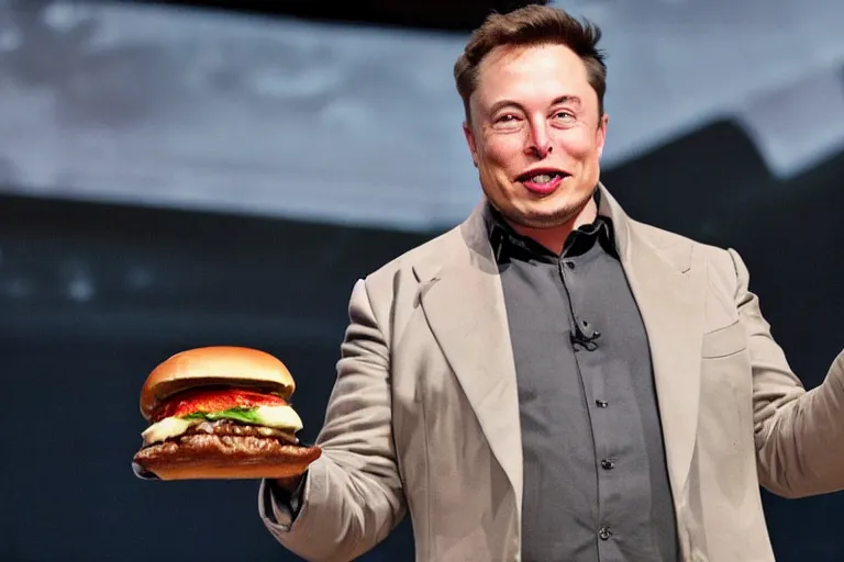 Image similar to elon musk introducing his new hamburger, 4k