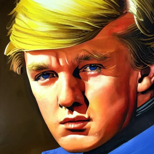 Prompt: photorealistic picture, by bob peak and alex ross, young donald trump propaganda poster, gouache and wash paints, fine details, fine intricate, fine facial proportionate, fine body proportionate, fine fix broken line, fine fix duplicate line, smooth focus, sharp details, bokeh, 4 k, fine 5 k details