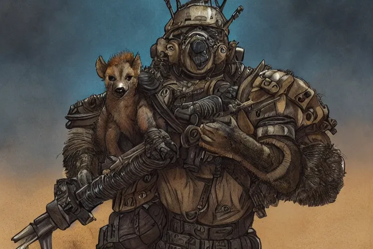 Image similar to a good ol'hyena fursona ( from the furry fandom ), heavily armed and armored facing down armageddon in a dark and gritty version from the makers of mad max : fury road. witness me.