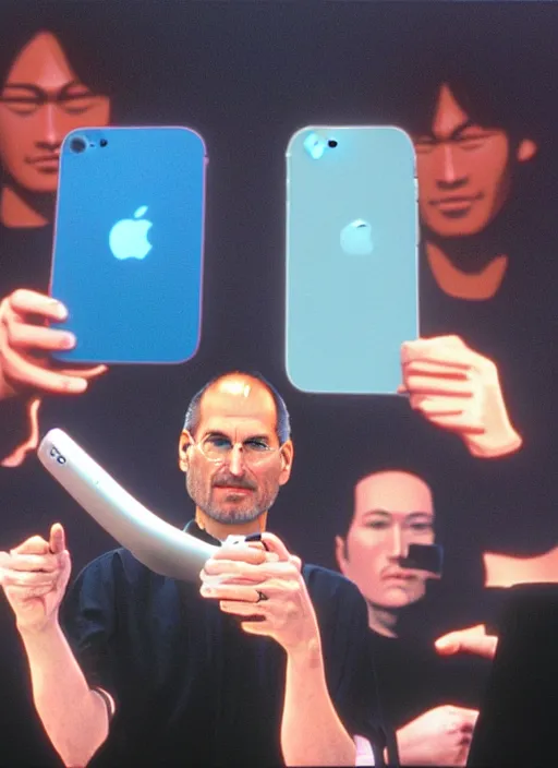 Prompt: steve jobs revealing the iphone at wwdc, manga 8 k, color, by katsuhiro otomo and hiroya oku and makoto yukimura