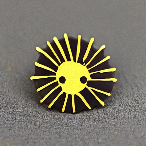 Prompt: a photograph of an enamel pin depicting a hand with an eye in it, sunburst, trending on etsy