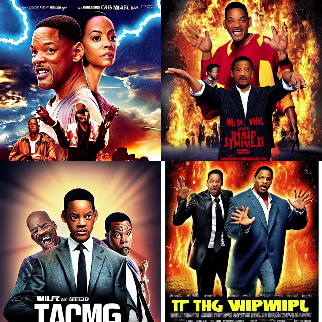 Prompt: Action movie poster for the movie The Slap starring Will Smith, Chris Rock and thing from the Adams Family