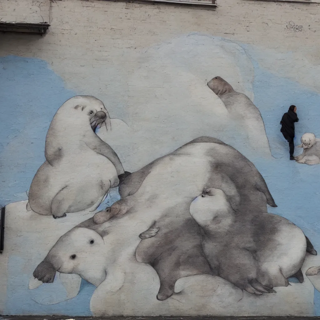 Prompt: a baby harp seal and large walrus, street art