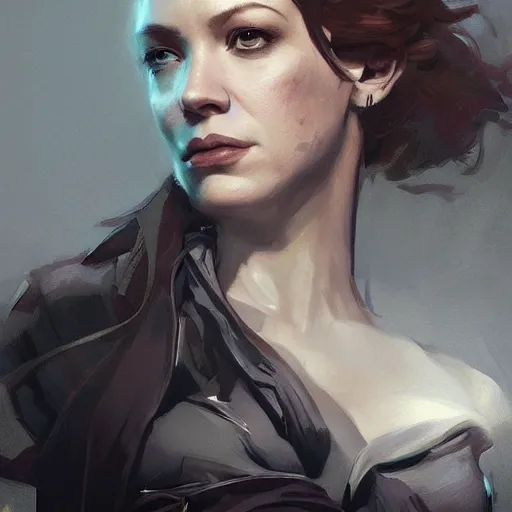 Image similar to portrait of christina hendricks in dishonored 2, painted by greg rutkowski, painted by stanley artgerm, painted by igor kieryluk, digital art, promotional art, trending on artstation