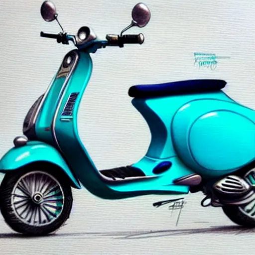 Image similar to a turquoise vespa moped, realistic, concept art, intricate details, detailed, rim light, photorealistic, pencil and watercolor, art by artgerm and greg rutkowski