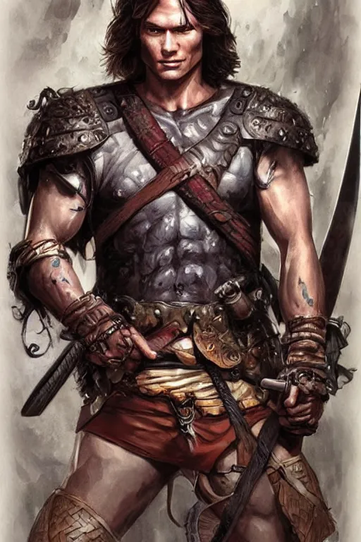 Prompt: portrait of attractive sam winchester as a rogue scotish warrior from the xii century, muscular body tattooed, d & d!, fantasy style, sharp focus!, ultra detailed, art by artgerm and peter andrew jones, wlop