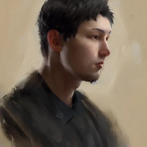 Image similar to Portrait of a man by Greg Rutkowski, he is about 30 years old, mixture between russian and chinese, short black hair, attractive, smart looking, he is wearing a utilitarian beige and black jumpsuit, highly detailed portrait, scifi, digital painting, artstation, concept art, smooth, sharp foccus ilustration, Artstation HQ