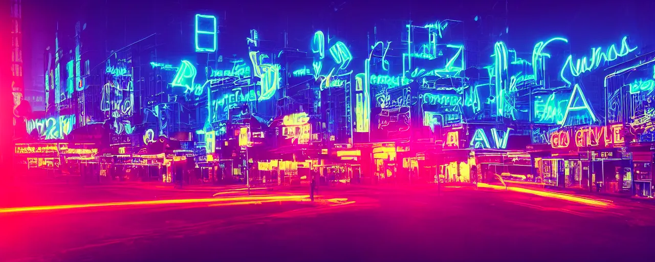 Prompt: night city, neon lights, glow signs , retrowave style, sunset