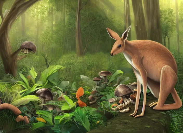 Prompt: a kangaroo sitting alone in an overgrown tropical forest, with mushrooms butterflies and sunrays, eating a cob of corn, artstation