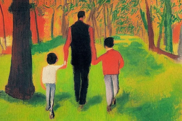 Image similar to a tall man with dark hair holding the hands of a small boy with dark hair as they walk down a suburban highway on a bright beautiful colorful day. part in the style of an edgar degas painting. part in the style of david hockney