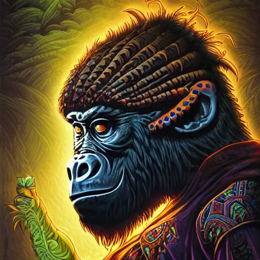 Image similar to side profile of barong family member, wiwek, mara demon, one single tribe member, jungle, one single mask, dark, ancient warrior, gorilla, lizard, tribal, inner glow, art by dan mumford and justin gerard