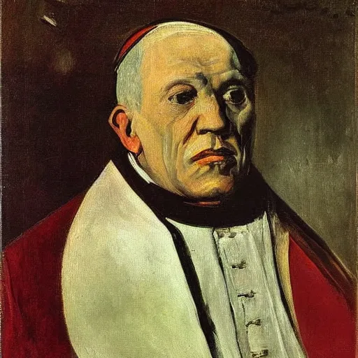 Prompt: Portrait of Pope Innocent X by Velasquez, oil painting by Pablo Picasso Chaïm Soutine Francisco Goya'Alberto Giacometti