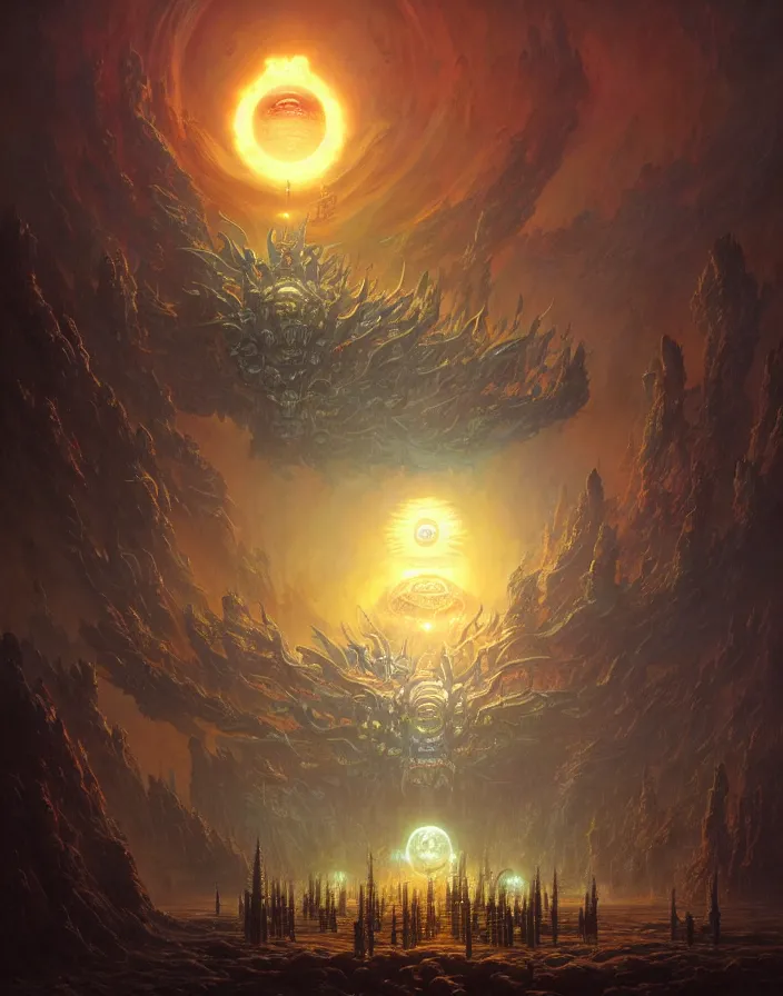 Image similar to highly detailed, intricate, stunningly beautiful matte painting of cyber hell full of demons, huge glowing sun, by shaun tan and peter mohrbacher