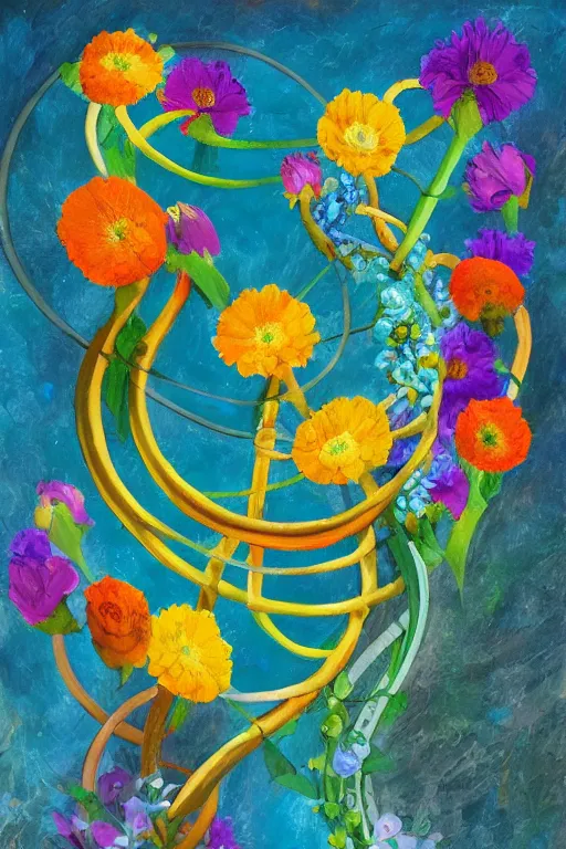 Image similar to flowers blooming on dna helix in the style of julie hewlett, julie hewlett art,