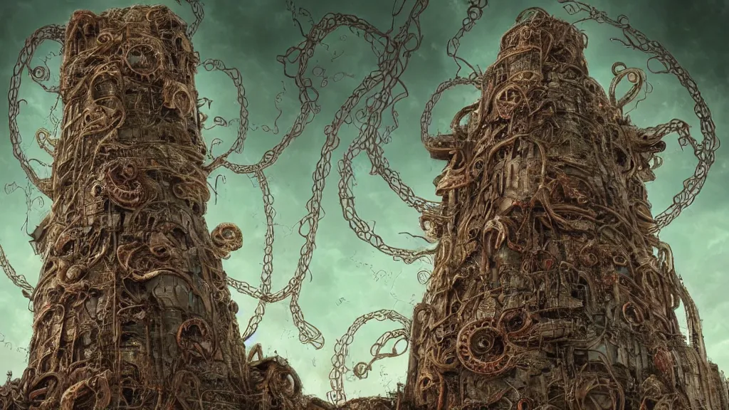 Prompt: bio-organic fleshy detailed machine tower! with tendrils!! and one eyeball!!! at the top, looking over a stormy post-apocalyptic wasteland, dystopian art, wide lens