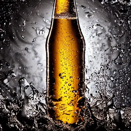Prompt: a photo of a bottle of beer, product photo, splashes of liquid, energetic, delicate by marcel christ