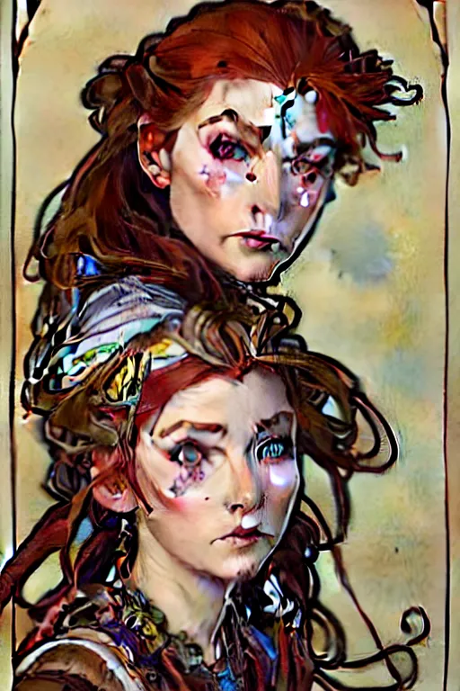 Image similar to beautiful art - nouveau portrait painting of aloy!!!, aloy!!!, artstation, horizon zero dawn!!!, art by mucha, detailed, fine line work, face paint