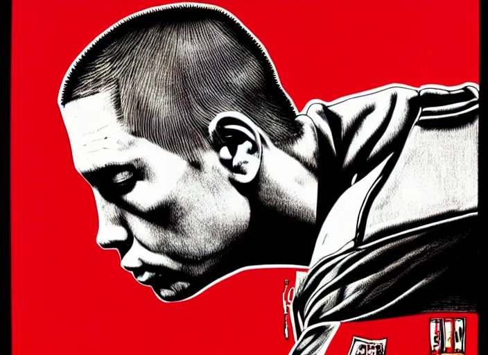 Prompt: Sideview Portrait of eminem by Shepard Fairey