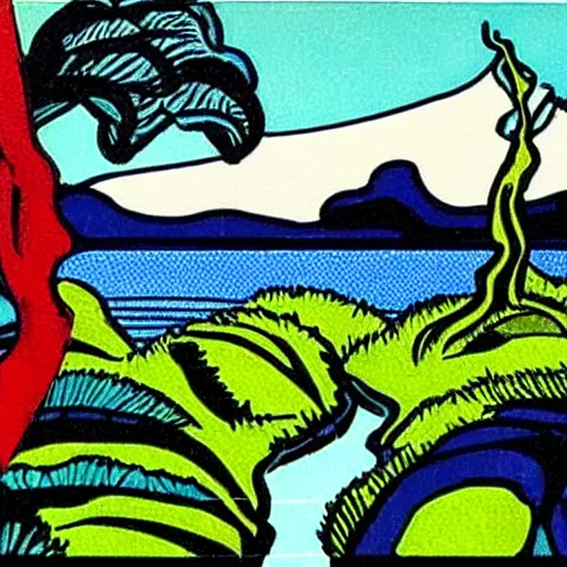 Image similar to painting of a lush natural scene on an alien planet by roy lichtenstein. beautiful landscape. weird vegetation. cliffs and water.