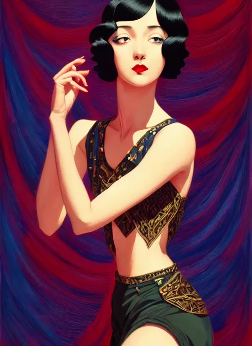 Image similar to a beautiful dancer with black hair in 1930's fashion, living room background, intricate, highly detailed, digital painting, artstation, official media, anime key visual, concept art, rich vivid colors, ambient lighting, sharp focus, illustration, art by Artgerm, Makoto Shinkai, Ilya Kuvshinov, Lois Van Baarle, and Rossdraws