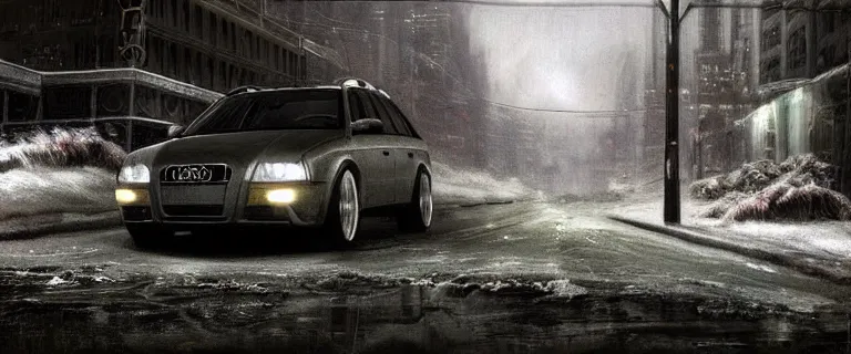 Image similar to Audi A4 B6 Avant (2002), a post apocalyptic, dramatic lighting, cinematic, establishing shot, extremly high detail, photorealistic, cinematic lighting, artstation, style by greg rutkowsky, Max Payne (2003) winter New York landscape at night