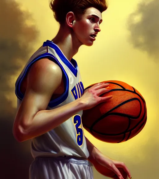 Image similar to portrait of a white boy playing basketball wearing a basketball uniform, intricate, elegant, highly detailed, centered, digital painting, artstation, concept art, smooth, sharp focus, illustration, by Peter Mohrbacher, WLOP