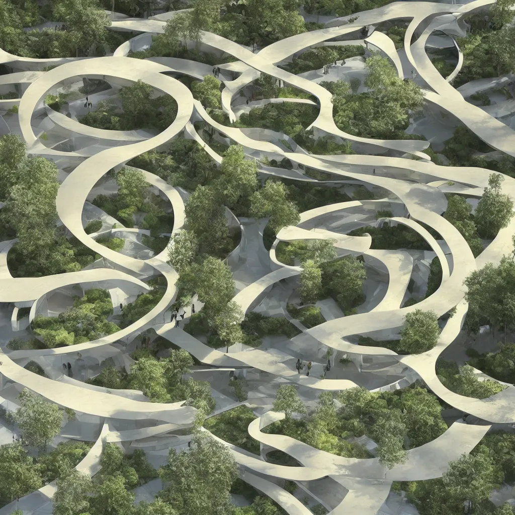 Image similar to “ an incredibly smooth curvilinear architectural sculpture, unfolding continuous golden surfaces enclose a visually interesting garden designed by zaha hadid, architecture render, axonometric ”