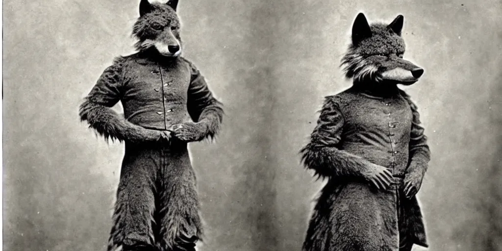 Image similar to anthropomorphic furry wolf in suit of armor, 1900s photograph