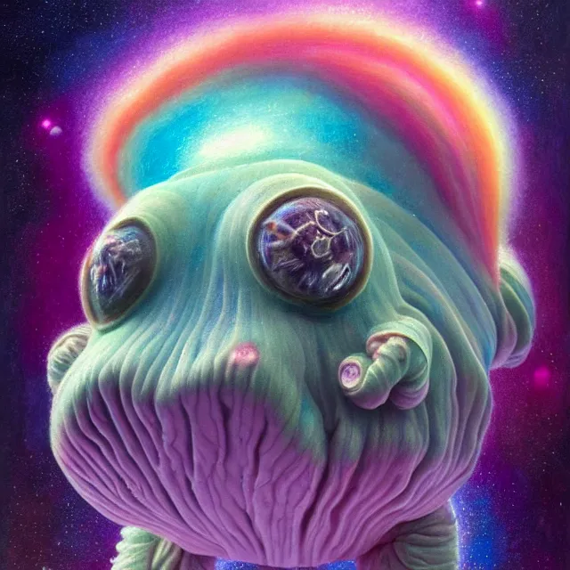 Image similar to a highly detailed tardigrade, it has rainbow hair and a beautiful unconventional face, floating through deep space, elegant, hyperrealistic, digital painting, artstation, realism, concept art, pop, smooth, mythological, sharp focus, qualia, illustration, art by mark ryden 3 d 8 k ultra detailed