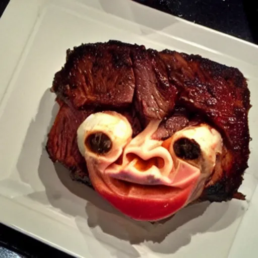 Prompt: chuck roast norris, food photo of chuck norris face carved into chuck roast