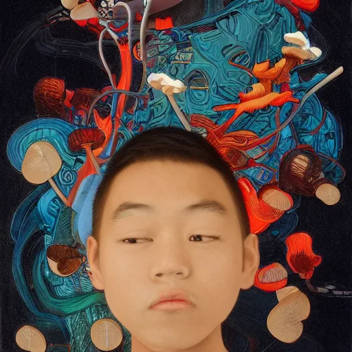 Image similar to an asian kid named joshua who speaks like a mushroom and likes to play video games and calculus problems for fun, an ultrafine detailed painting by james jean, behance contest winner, vanitas, angular, altermodern