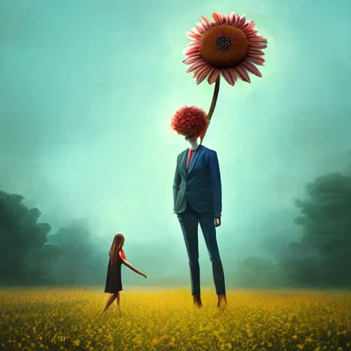 Image similar to giant daisy flower head, frontal, a girl in the suit, surreal photography, sunrise, dramatic light, impressionist painting, digital painting, artstation, simon stalenhag