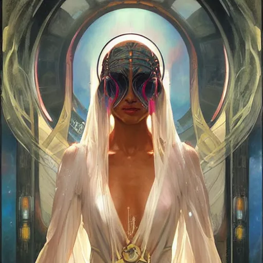 Image similar to an acrylic on canvas portrait painting of a beautiful alien priestess by Greg Rutkowski, Artgerm and Alphonse Mucha. Epic fantasy art.