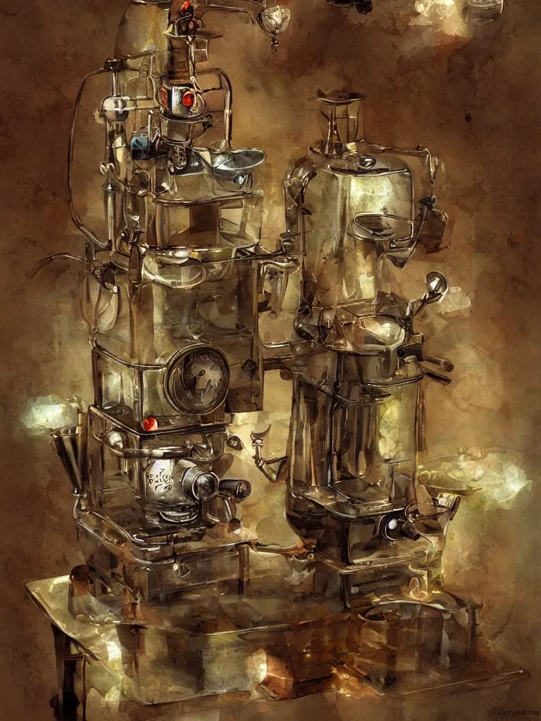 Image similar to ancient coffee machine, by Simon Stalenhaag, by Yoshita Amano, by Esao Andrews, sharp focus, fresh colors, conceptart