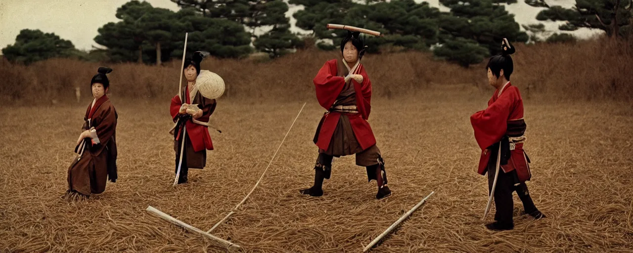 Image similar to 1 8 0 0 s japanese samurai cutting through spaghetti, rural, in the style of diane arbus, canon 5 0 mm, wes anderson, kodachrome, retro