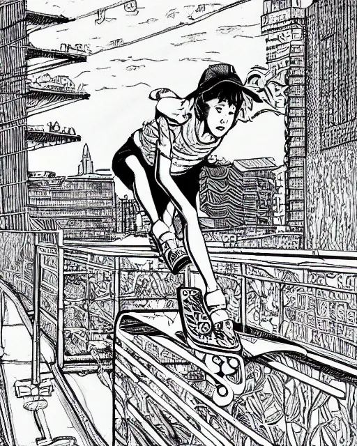 Prompt: wide shot of a young pretty skater skateboard skateboarder 1985 skatergirl style, graphic novel art by Jean Giraud, black and white, pastel color, neon color