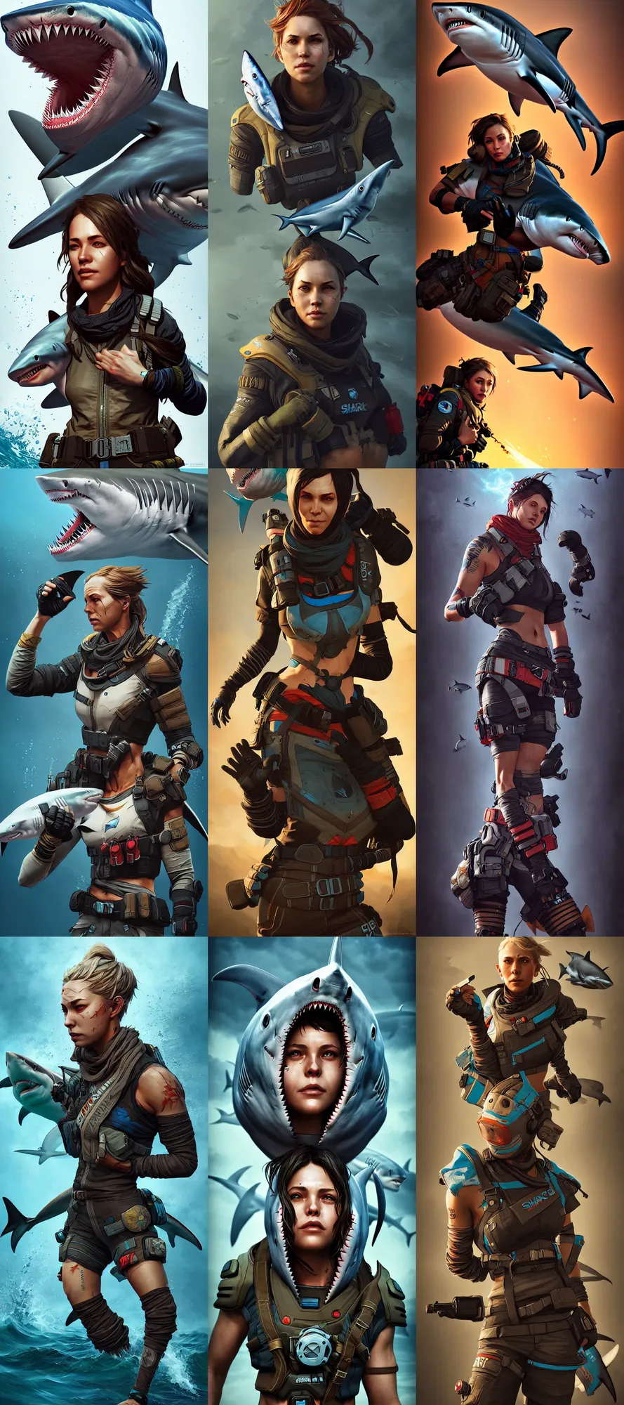 Prompt: shark as an apex legends character digital illustration portrait design by, mark brooks and brooke shaden detailed, gorgeous lighting, wide angle action dynamic portrait