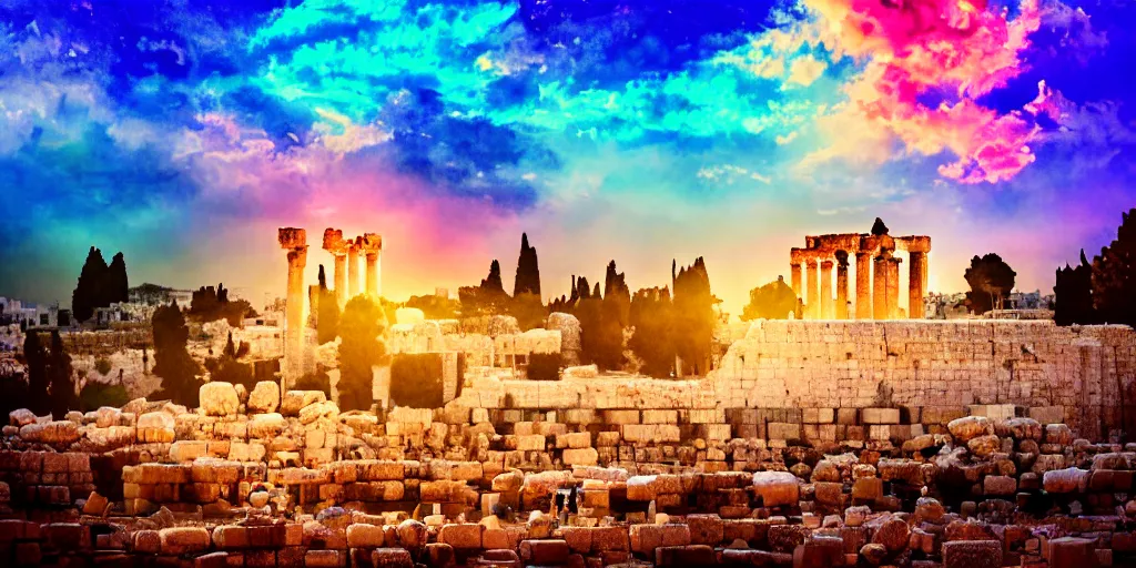 Image similar to spiritual chakra energies in the huge ruins of the second temple in jerusalem, dreamy sky, the third temple hovers quietly hiding in the sky above, very colorful painting 8 k trending on art station, intricate superb details, digital art, cinematic lighting, volumetric lighting, photographic, blur bokeh defocus dof sky by afremov, award winning masterpiece.