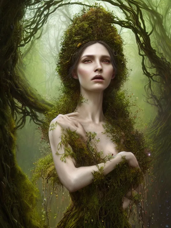 Image similar to Full View Portrait Mystical ethereal woodland deity wearing beautiful dress, Oak Dryad made of vines tree bark moss beautiful dress, 4k digital masterpiece by Greg Rutkowski and Ruan Jia and Tom bagshaw, Alberto Seveso, fantasycore, Hyperdetailed, realistic oil on linen, soft lighting, kush background, featured on Artstation, textured, stylized, intricate details