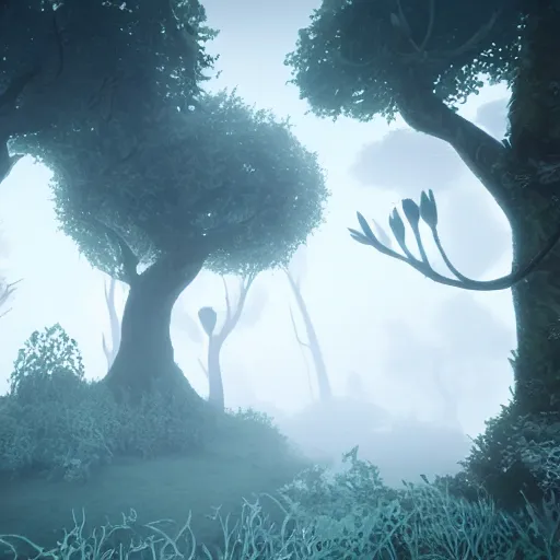 Prompt: enchanted magical mysterious forest, parallax layer from a gorgeous indie platform game, on a white background, intricate, highly detailed, volumetric fog, masterpiece