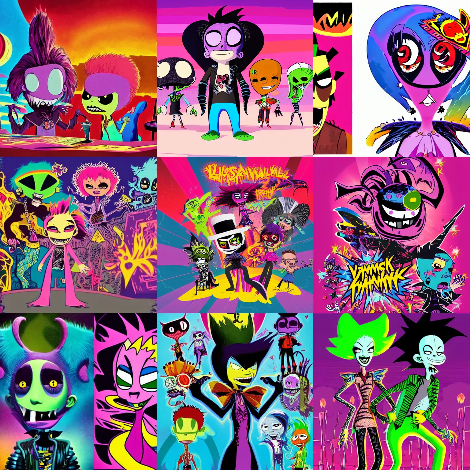 Prompt: lisa frank punk rocker vampiric electrifying rockstar vampire squid concept character designs of various shapes and sizes by genndy tartakovsky and rad sechrist and Jamie Hewlett from gorrilaz and tim shafer from double fine for the new hotel transylvania film